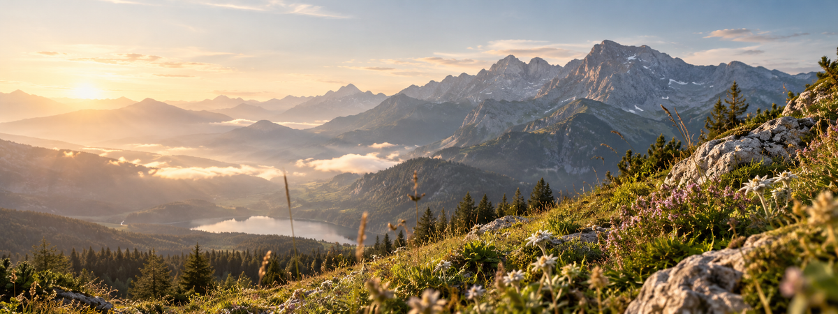 Alpenpanorama im warmen Licht der aufgehenden Sonne