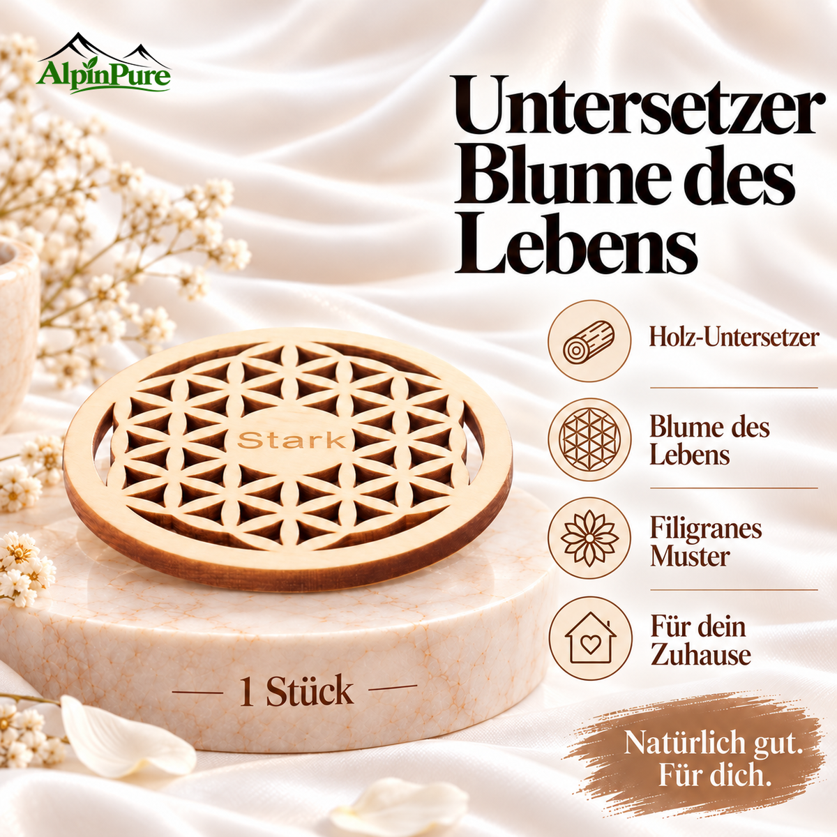 Zirben Untersetzer mit Blume des Lebens