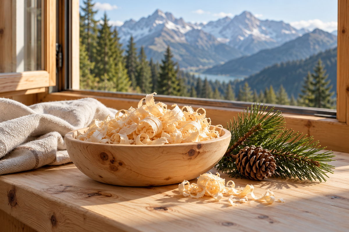 Zirbenspäne in einer Holzschale mit Blick auf die Alpen